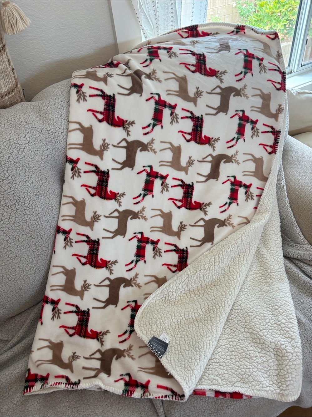 Berkshire White Holiday Reindeer Plush Throw Blanket with Red Plaid Accents